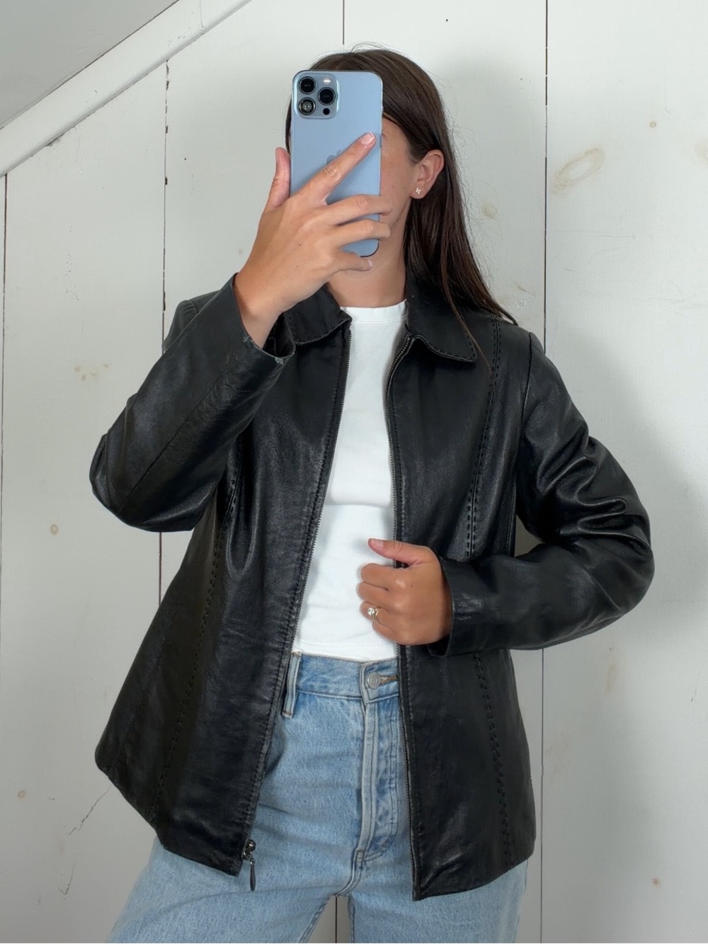 Vintage Black Genuine Lambskin Leather Zip Up Collared Jacket Women’s Medium Y2K